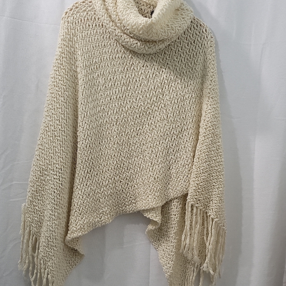 Steve Madden Ivory Knit Cowl Neck Poncho with Fringe
